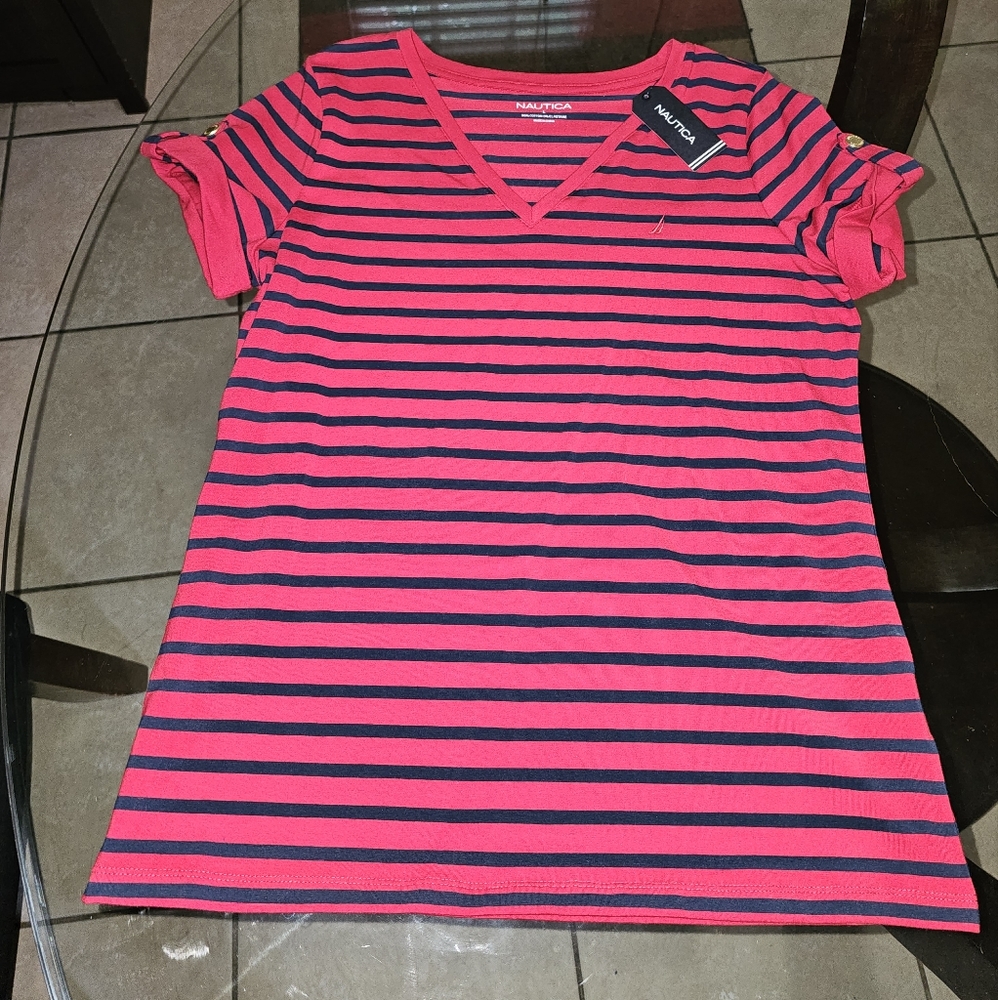 Nautica Women's Easy Comfort V-Neck Striped Supersoft Stretch Cotton T-Shirt